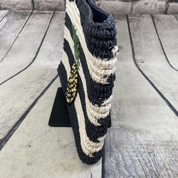 Talbots Clutch Handbag Paper Straw Striped Blue White Pineapple Print‎ Medium - Picture 3 of 10